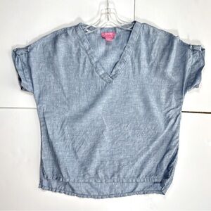 Isaac Mizrahi Linen Chambray Blue V-neck Short Sleeve‎ Summer Top Size Medium